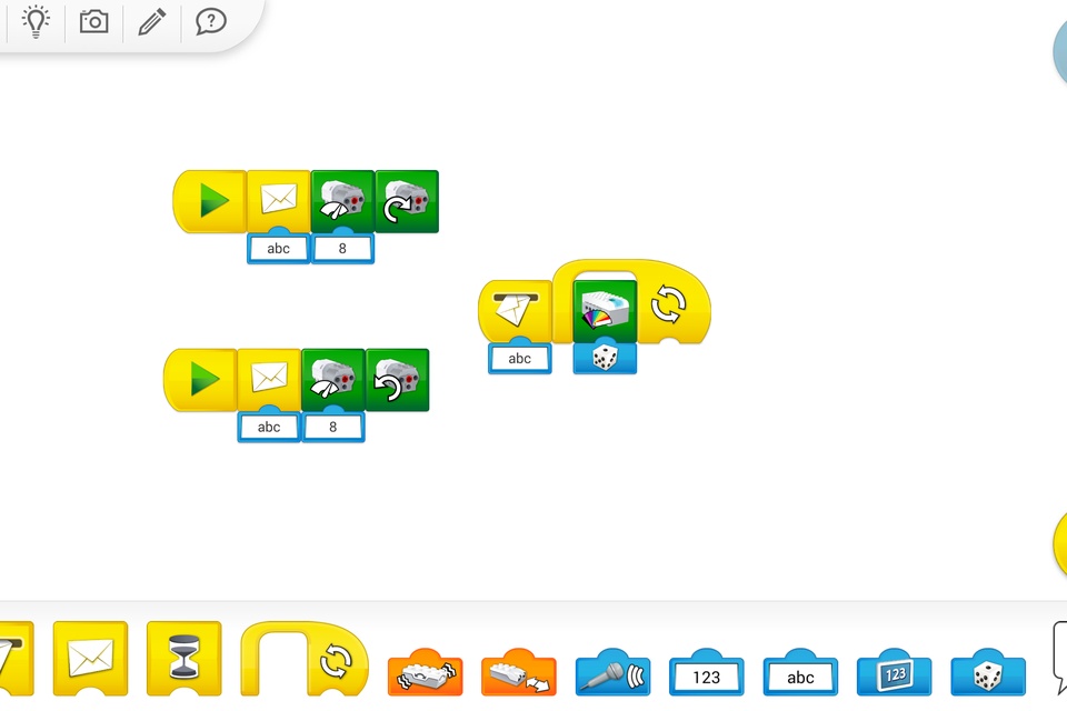 Snímek obrazovky blokového programovacího prostředí WeDo 2.0