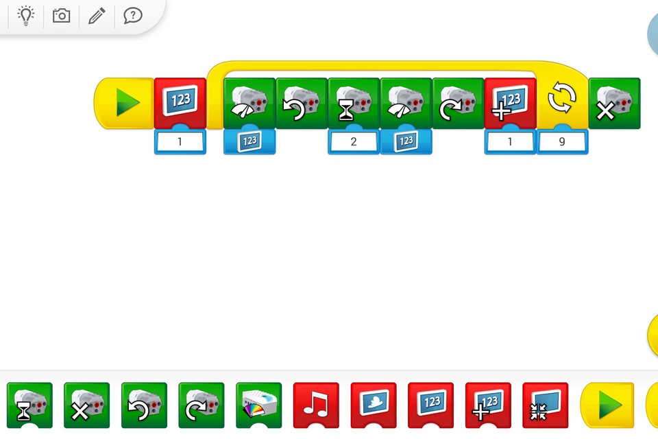 Obrazovka programu s proměnnou a podmínkou ve WeDo 2.0